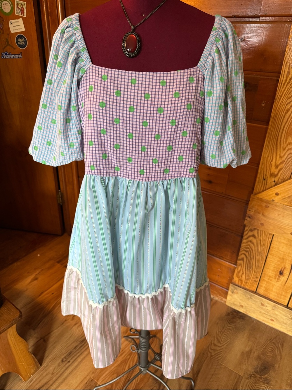 ODDI NWT Festival Patchwork Pastel Midi Dress with Puff Sleeves - Green & Pink